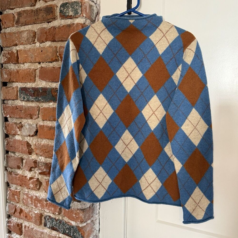 J.Crew Women’s Small 100% Lambswool Argyle Sweater Blue Tan Brown Rolled Hem Y2K